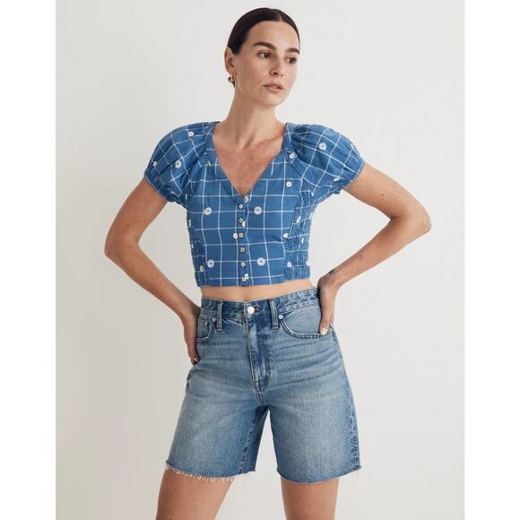 Madewell Blue/White Embroidered Puff-Sleeve Crop Top in Windowpane Size 8 - Picture 1 of 4